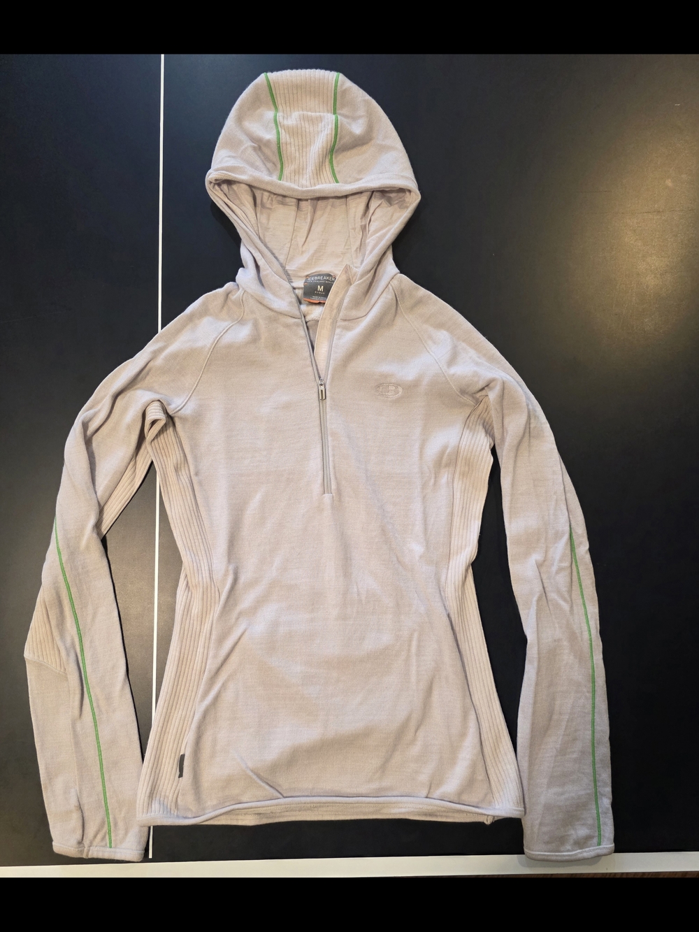 Icebreaker Light Gray Half-Zip Hooded Sweater with Green Trim